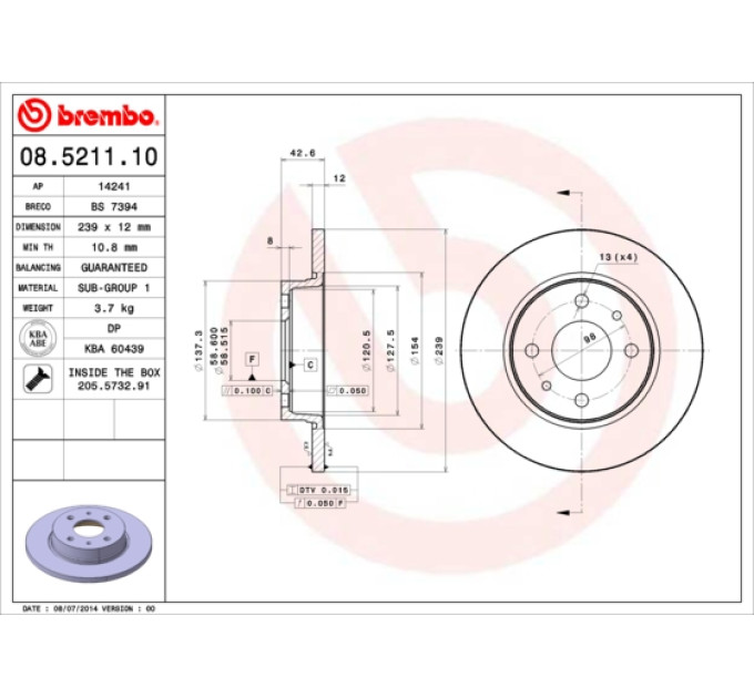 Передній гальмівний диск BREMBO для LADA SAMARA (2108, 2109, 2113, 2114) 1.5 (1984-2013)