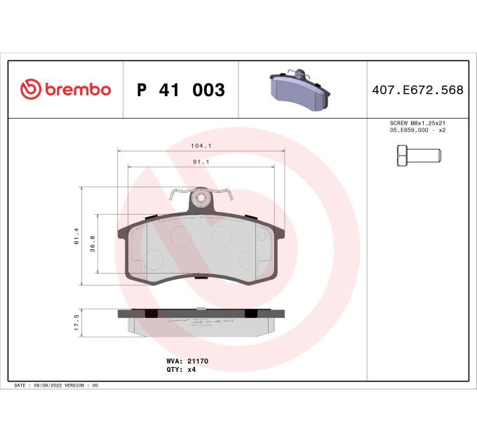 Гальмівні колодки передні LADA SAMARA (2108, 2109, 2113, 2114) BREMBO